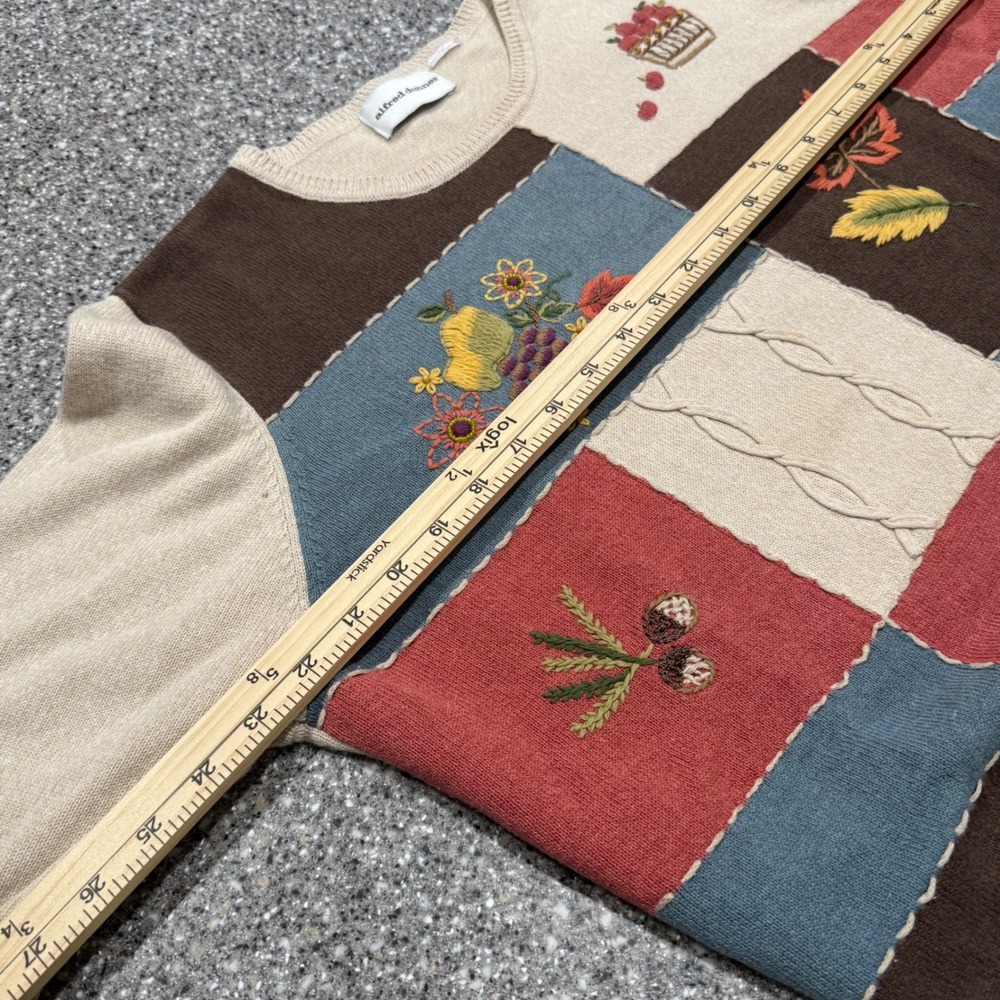 Alfred Dunner Y2K VTG Fall Patchwork Embroidered Sweater Women Tan Blue Large - Picture 9 of 11